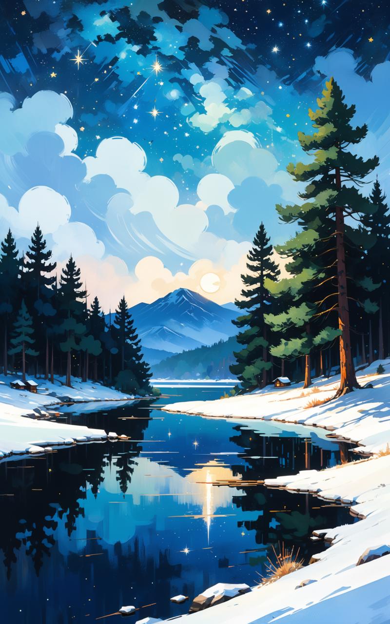 07263-2966067802-flat stylized pine trees, winter landscape with starry night sky and lake, painterly, acrylic painting, trending on pixiv fanbox.png